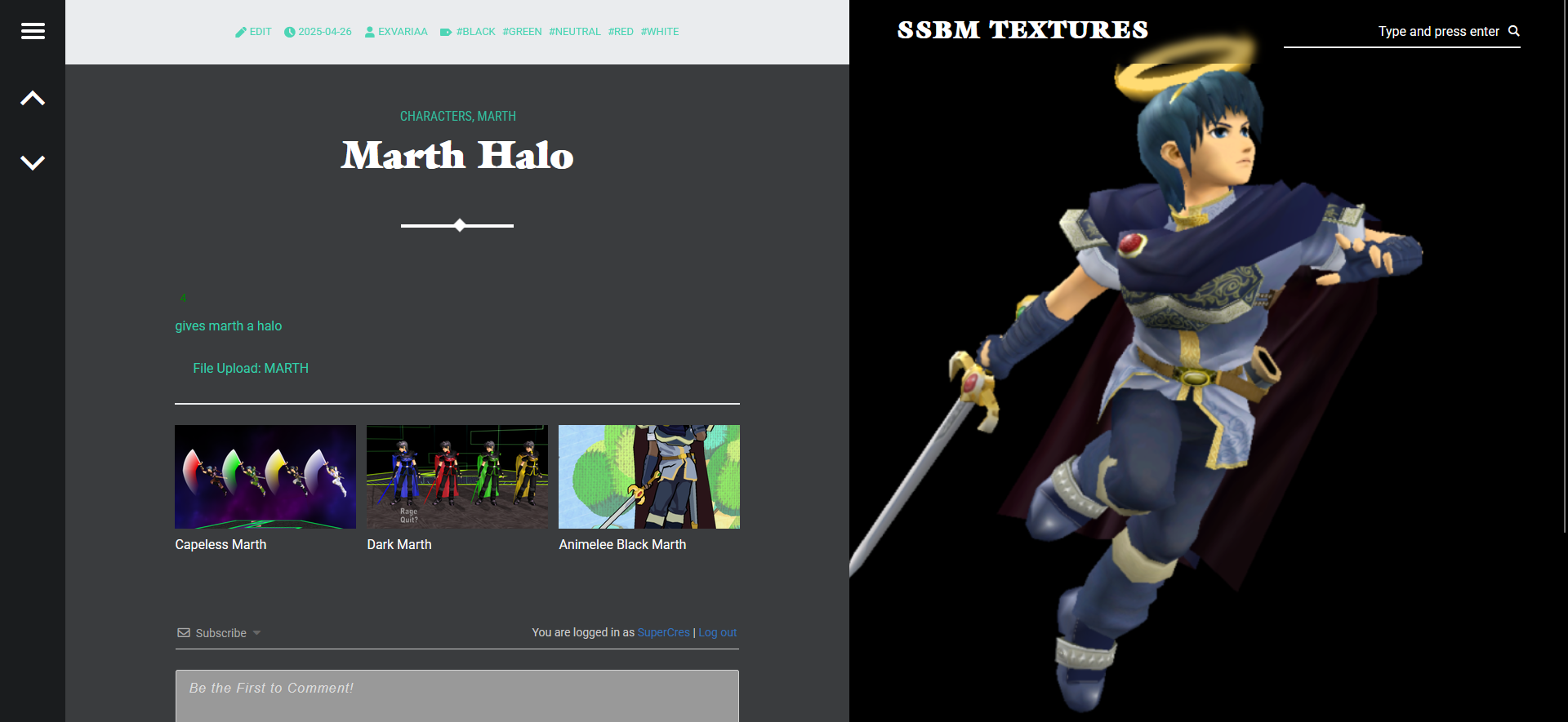 Screenshot of the SSBMTexture's page for individual mods. In the image, Halo Marth, a mod that adds a halo to the vanilla Marth model, is depicted.
