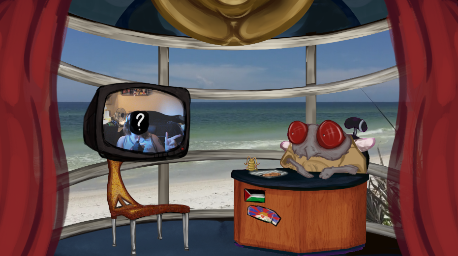 F-Man is seated across from a repurposed plastic, school chair with a CRT attached. The CRT can be connected to a communication software window to allow guests to telecom into the show. F-Man himself is operated in PNGTuber and has a number of preset faces and outfits accessed via numerical hotkeys. His mouth adjust based on mic volume.