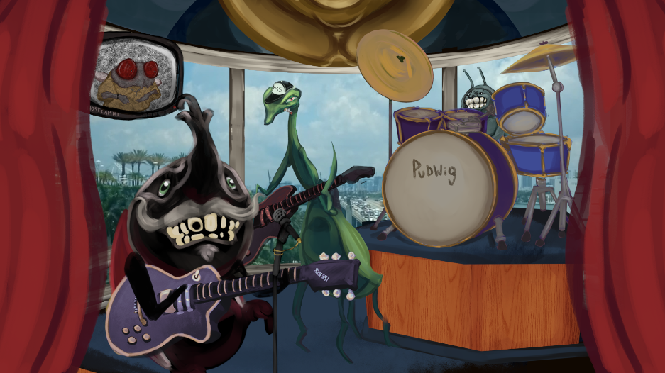 The live band consists of a pill bug drummer, praying mantis bassist, and goliath beetle guitarist. The host can continue to interact via the television in the top-left corner. Band member poses are specific to additional Band scenes. Allowing them to change poses for specific lines. The band generally only appears when the host references them or attempts to make small talk with the lead guitarist.