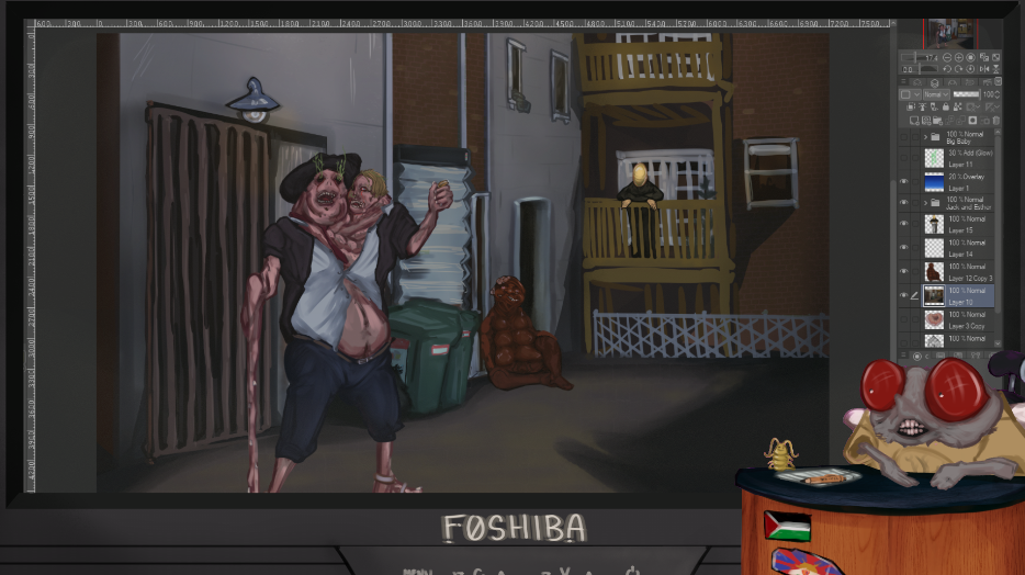 The activity scene acts as a stage for long form entertainment, specifically illustration or live-playthroughs of videogames. The overlay is a fake CRT and the host outfits and animations are managed via PNGTuber, mirroring the Interview Set.